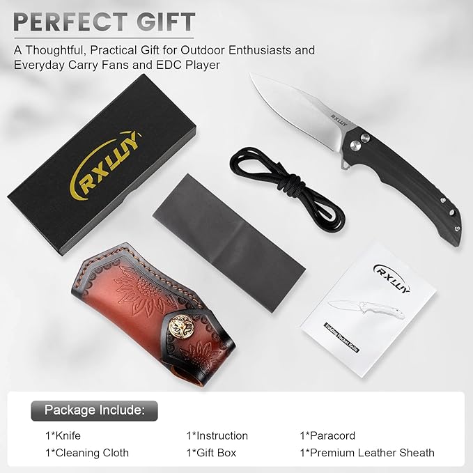 Folding Pocket Knife with Leather Sheath 3.47 N690Co Premium Steel Blade G10 Handle Knives EDC Small Folding Knife for Men Women Outdoor Survival Camping Hiking Knife (Black)