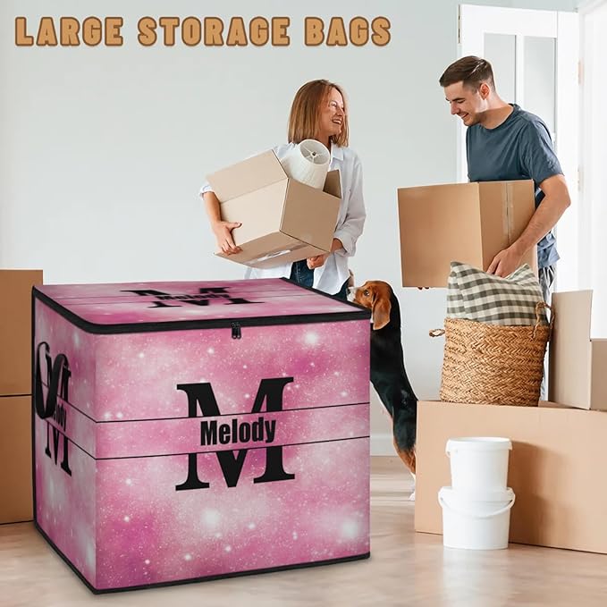 Personalized Extra Large Storage Bins with Lid Customized Name Jumbo Storage Basket Rectangle Clothes Organizer for Organizing Kids and Pets Toys Shelf Closet Pink Galaxy with Initial Letter