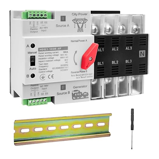 Mini ATS Automatic/Manual Transfer Switch 4P 100A AC110V W2R 50/60HzAuto Dual Power Switch for Home Generatorwith Din Rail