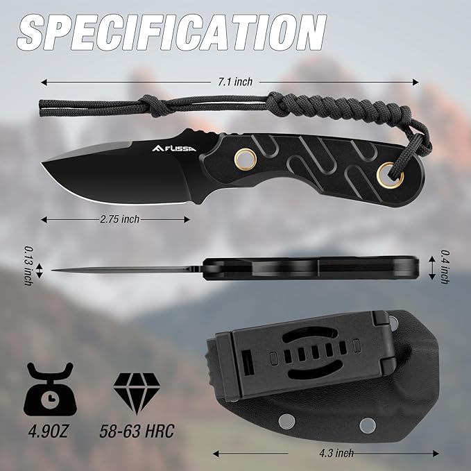 FLISSA Fixed Blade Knife 7 Inch Full Tang Hunting Knife with Kydex Sheath and Emergency Rope Tactical Knife for Survival Camping Hiking(Black) (Pack of 2)