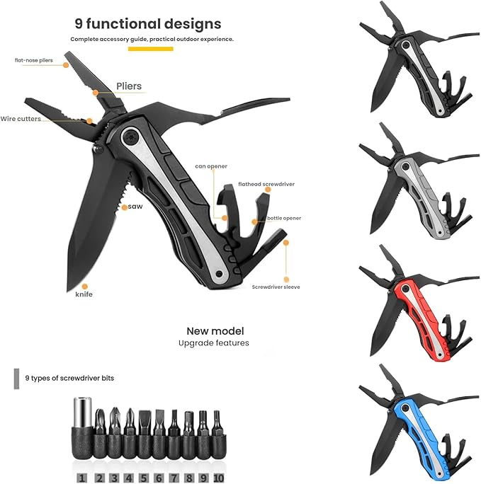 Multi Tool 9-in-1 Full-Size Lightweight EDC Camping Knives &amp Tools Multi-Purpose Pliers Folding Knife Tactical Gear Men Gift Ideas Equipment for Hiking and Outdoor Camping (4-Piece Set）