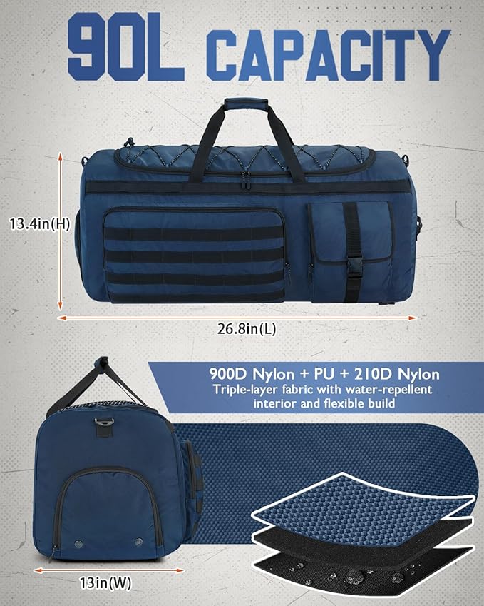 Gonex 90L Extra Large Duffel Bag for Men Heavy Duty 3 in 1 Convertible Carry Travel Duffle with Shoe Compartment Tactical Loops Sports Gear Bag for Family Trips (Dark Blue)