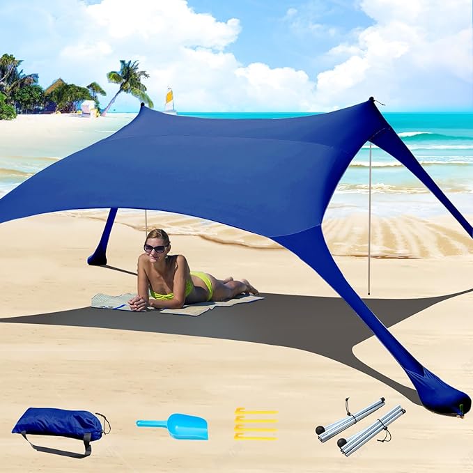 7×7 FT Beach Tent Sun Shelter UPF50+ UV Protection Outdoor Canopy Tent Sun Shade with 2 Poles for Camping Beach Fishing Backyard and Picnics Navy