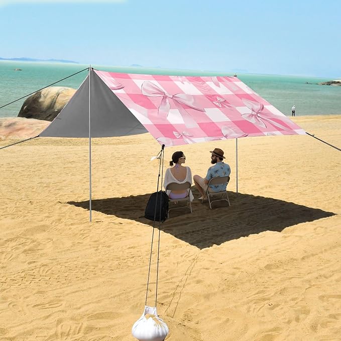 ALAZA Pink Bow Plaid Beach Tent Sun Shelter Portable Canopy Sunshade for Outdoor Camping Picnics Backyard Fun 10x9 ft
