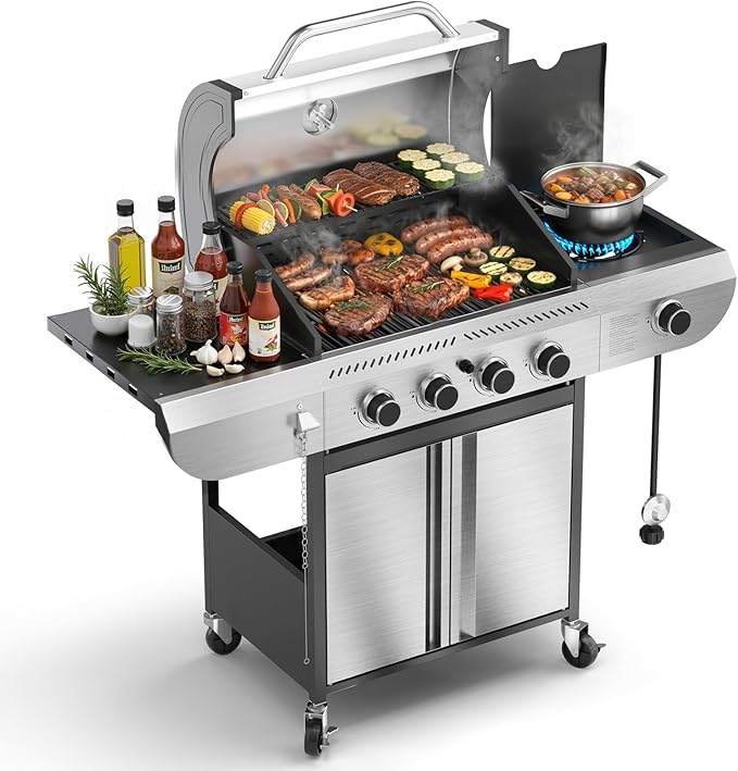 R.W.FLAME 4-Burner Propane Gas Grill 42000 BTU BBQ Grill with Side Burner Porcelain-Enameled Grates Stainless Steel Outdoor Grill for Backyard Patio Barbecue