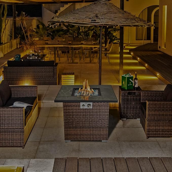 30'' Propane Fire Pit Table Marble Textured Ceramic Tabletop 50000 BTU Fire Table with Brown Wicker Mix Color Glass Rocks Including Lid&ampCover Square