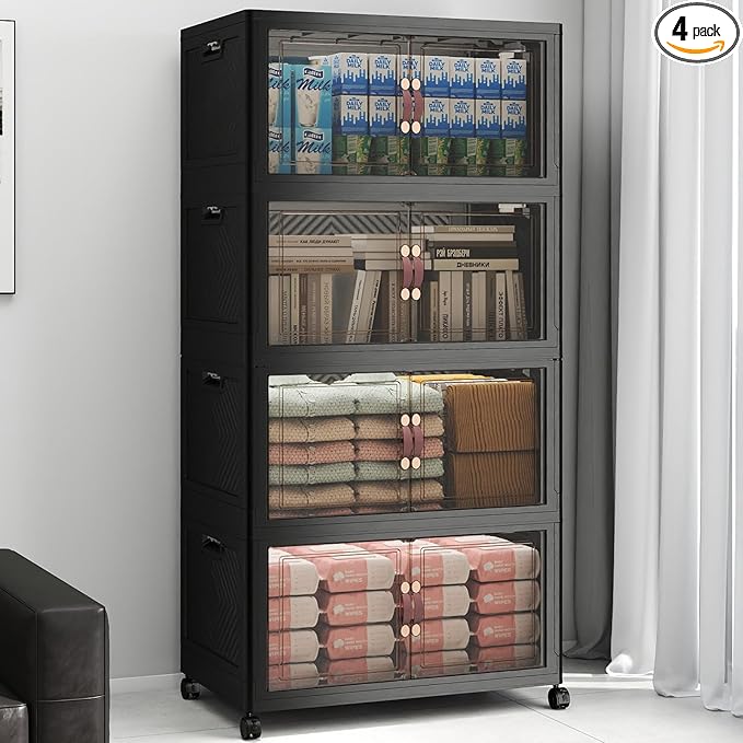 UAMFURI Stackable Storage Bins with Lids 480QT Closet Organizers Lockable Storage CabinetFoldable Storage Box with Doors and Wheels Plastic Drawers for Home Garage Office (4 Black Large)