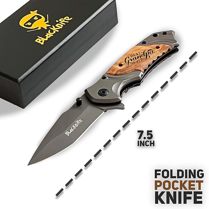 BlacKnife Folding Pocket Knife with Wooden Handle and Clip – Ideal Knife for Camping Hunting DIY (Best Grandpa Ever)