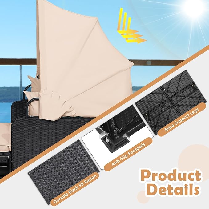 Tangkula Patio Rattan Daybed with Retractable Canopy Outdoor Wicker Sunbed Lounger with 2 Foldable Side Tables Thick Seat &amp Back Cushions Outside Double Daybed for Garden Backyard Porch
