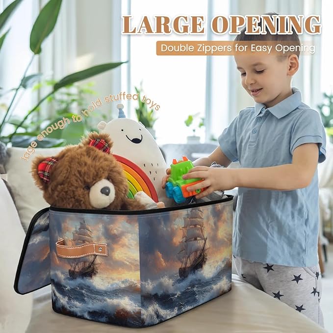 Storage Bins with Lids Ship Ocean Storage Basket Clothes Organizer with Handles Closet Storage Containers for Clothing Bedding Blanket