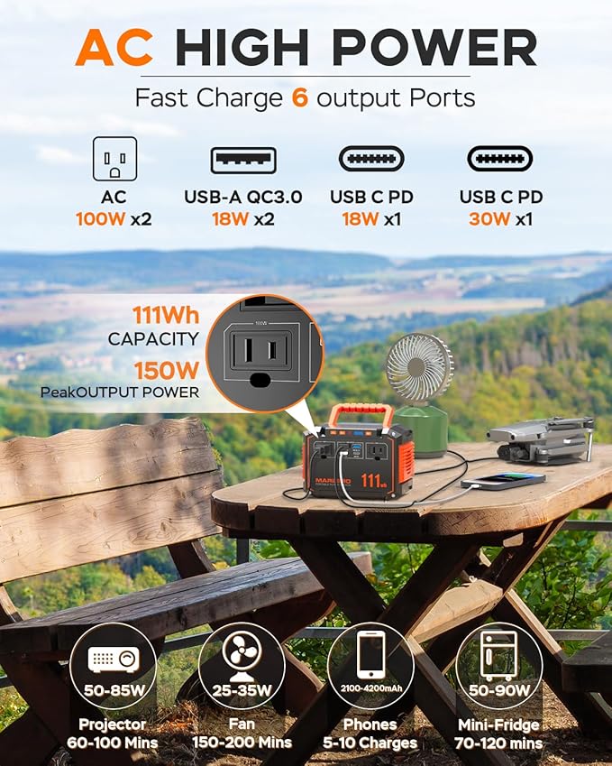 MARBERO 150W Peak Solar Generator with 30W Solar Panel 111Wh Camping Portable Power Station 110V Power Bank with AC Outlet(2*USB A 2*USB C 2*AC) for Outdoor Travel Home Blackout Emergency Hurricane