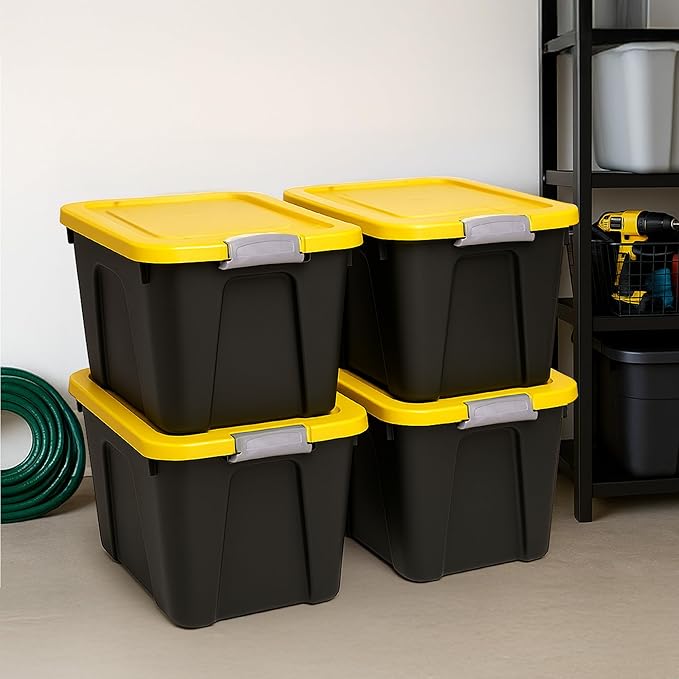 Homz 22-Gallon Durabilt Plastic Stackable Home Office Garage Storage Organization Container Bin w/Latching Lid and Handles Black/Yellow (4 Pack)
