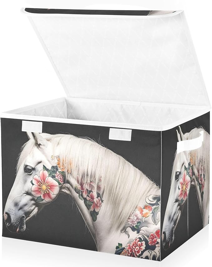 AIXIWAWA Lidded Storage Cube (Horse with Painting) Fabric Foldable Closet Bins with Flip Lid and Handles Organizer Basket Container 16.5 x 12.6 x 11.8 IN