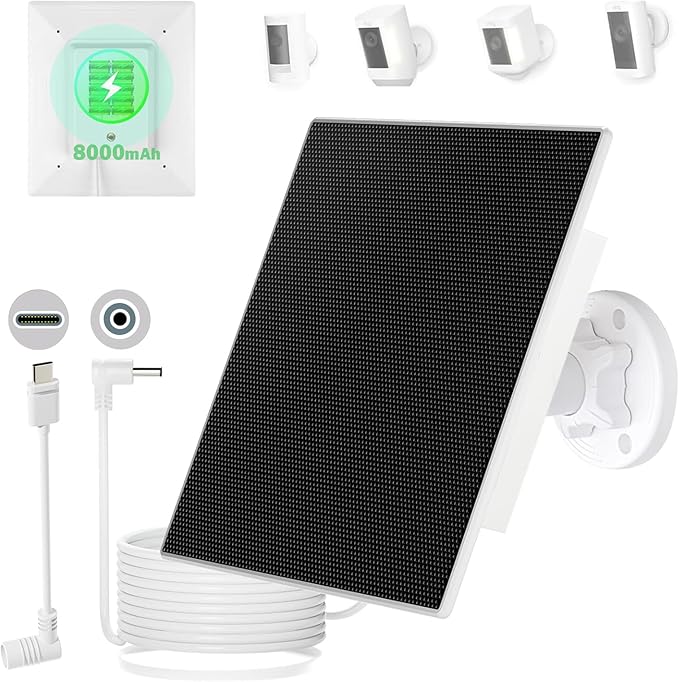 5W Solar Panel Built-in with 8000mAh Battery for Security Camera Outdoor 2in1 Plug Charger Panel for Ring/Eufy/Wyze Battery cam Support Emergency Power for Camping Hiking Lights Phones Tablet PC