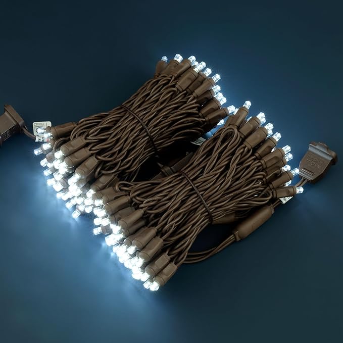 Cool White Wide Angle One-Piece LED Christmas Lights 48 Feet 140 Count Pack of 2 Strands 70ct 5mm High Waterproof UL Certified Brown Cord String Lights