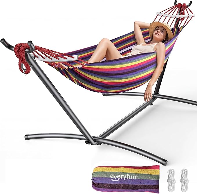 EveryFun Double Hammock with Heavy-Duty Steel StandPortableEasy Assembly600lbs Weight CapacityPerfect for IndoorYardCampingor Outdoor-Rainbow