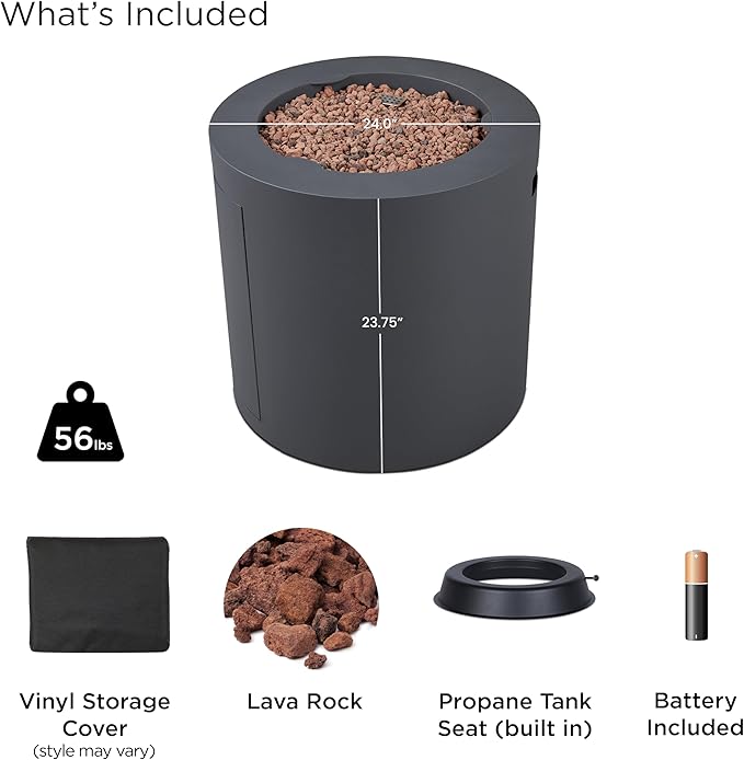Real Flame Aegean 24 Round Propane Gas Fire Pit Table with Hidden Tank 50000 BTU Powder-Coated Steel Push-Button Ignition Lava Rock Storage Cover Stainless Steel Burner with Lid - Wthrd Slate