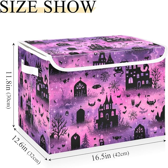Pink Halloween Castles Cat Tombstones Storage Box with Lid 1 PC Foldable Storage Bin with Lids Stackable Storage Bins Cube Closet Organizer Basket with Flip-Top Lid &amp Handles for Shoes Books