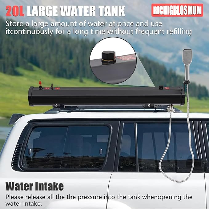 4.8-7.9Gal Portable Roof Rack Water Tank – Sun-Powered Pressurized Shower for Overlanding Pet Washing Gear Cleaning &amp Vehicle Water Storage – Includes 5.58ft Hose &amp Carry Bag5.3Gal/20L