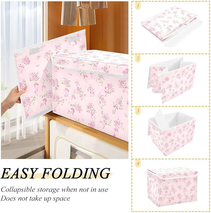 ALAZA Pink Small Floral Storage Bins Organizer Box Baskets Lidded Clothes for Shelves Closet Collapsible Stackable Storage Cubes Handles