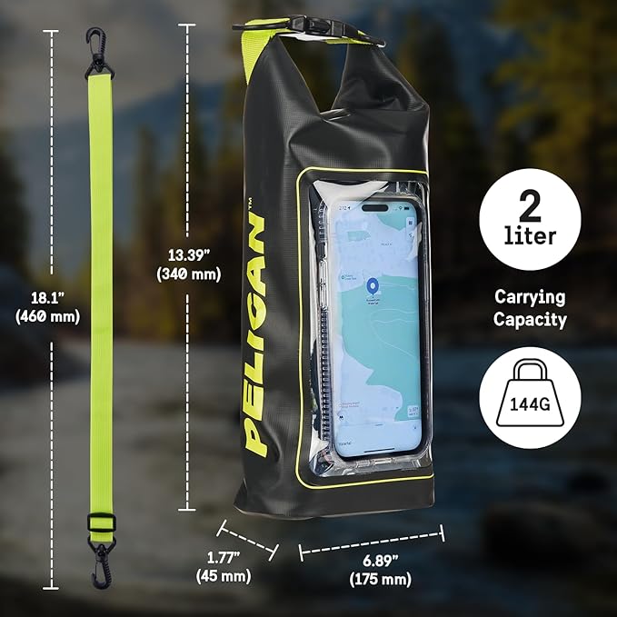Pelican Marine IP68 Waterproof Dry Bag 2L - Roll Top Waterproof Backpack w/Phone Case/Pouch - Boating &amp Kayak Accessories - Essentials for Camping Swimming Beach Fishing Rafting Travel - Black/Yel