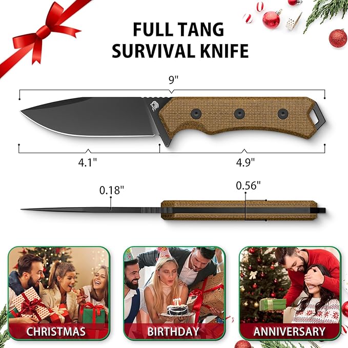 NedFoss BOAR Survival Knife with Fire Starter 4.1 D2 Steel Full Tang Hunting Knife Kydex Sheath Micarta Handle