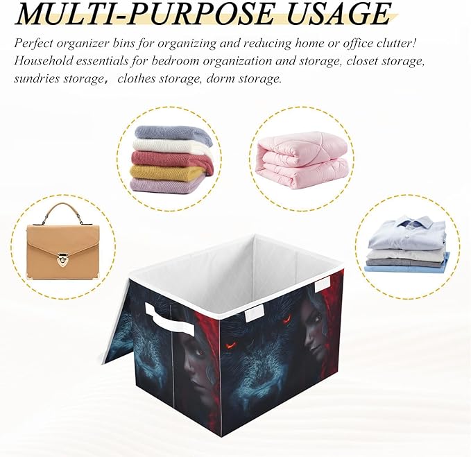 Storage Cube with Lid Wolf and Red Print 16.5×12.6×11.8 IN Collapsible Large Capacity Foldable Storage Basket Bin Organizer