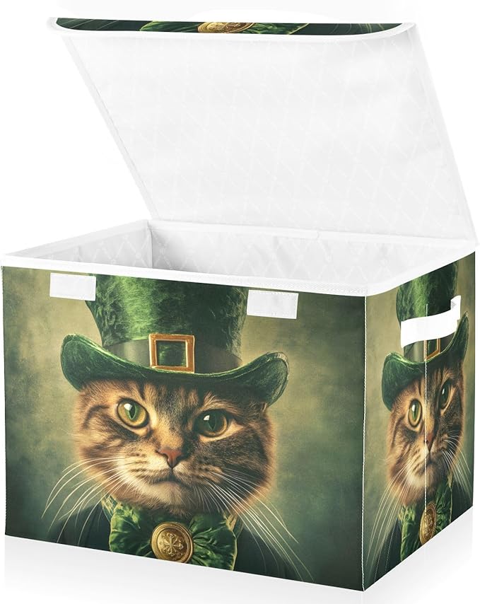 Storage Cube with Lid Saint Patrick’s Day Cat Print 16.5×12.6×11.8 IN Collapsible Large Capacity Foldable Storage Basket Bin Organizer