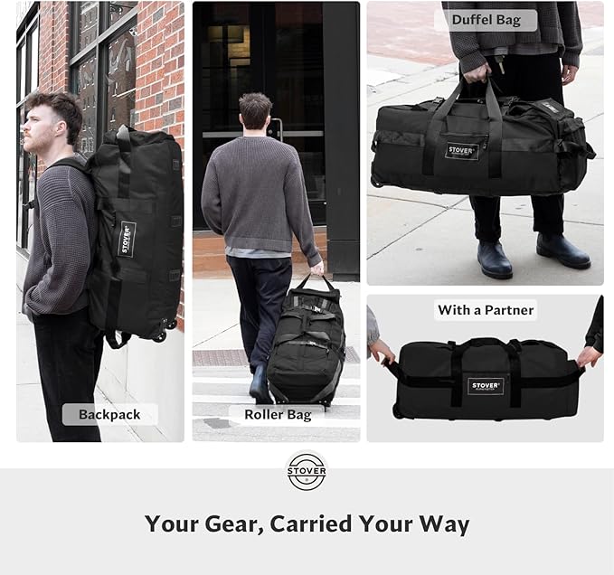 STOVER 45/80/100L Rolling Duffel Bag with Wheels X-Large Durable Travel Duffle + Toiletry Bag Heavy Duty Packable with Shoulder Straps- Use as Luggage or Backpack Men/Women (Black)