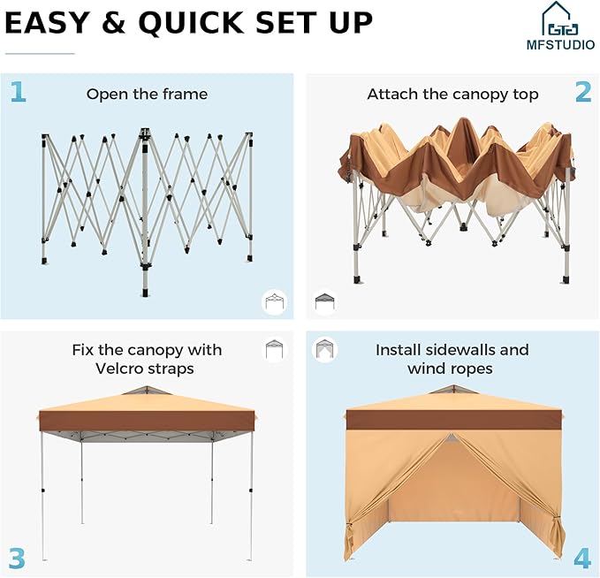 MFSTUDIO 10x10 Pop Up Canopy Tent with Removable Sidewalls Outdoor Enclosed Instant Portable Shelter with Breathable Mesh Windows One Person Setup Beige