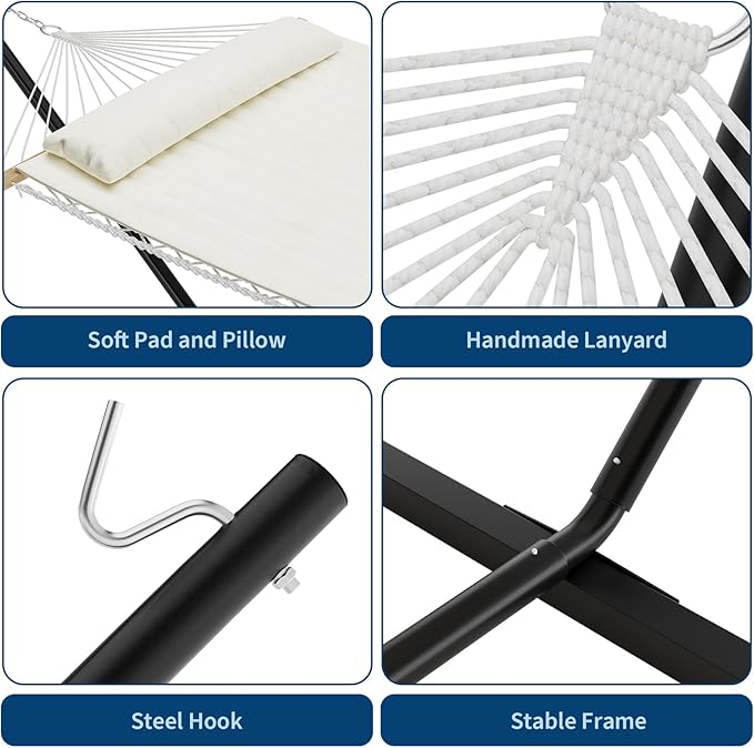 TrailBlaze Double Hammock with Stand – Heavy-Duty 2-Person Portable Rope Hammock 350 lbs Capacity Includes Comfort Pad &amp Pillow Easy Assembly for Outdoor and Indoor Use - Beige