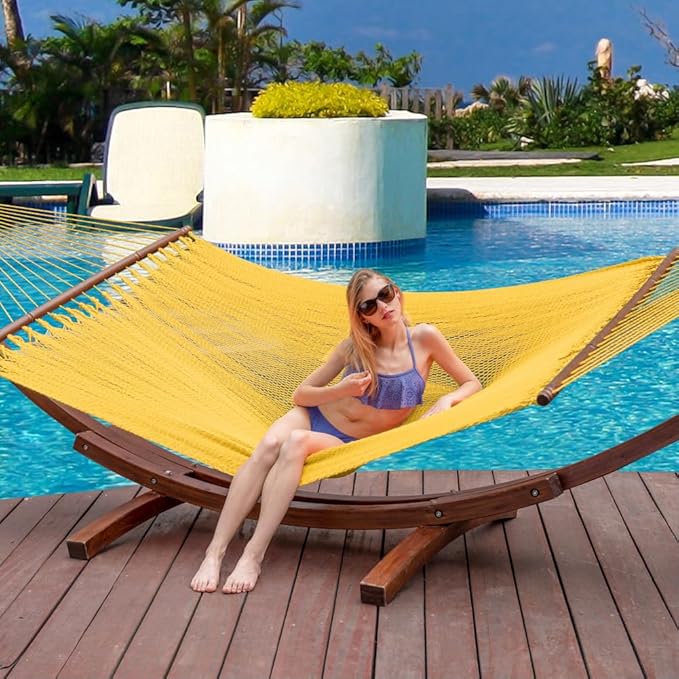 Lazy Daze Hammocks 10.5 FT Double 2 Person Caribbean Rope Hammock Hand Woven Polyester Hammock with Spreader Bars for Outside Outdoor Backyard Patio Poolside 450 LBS Capacity Yellow