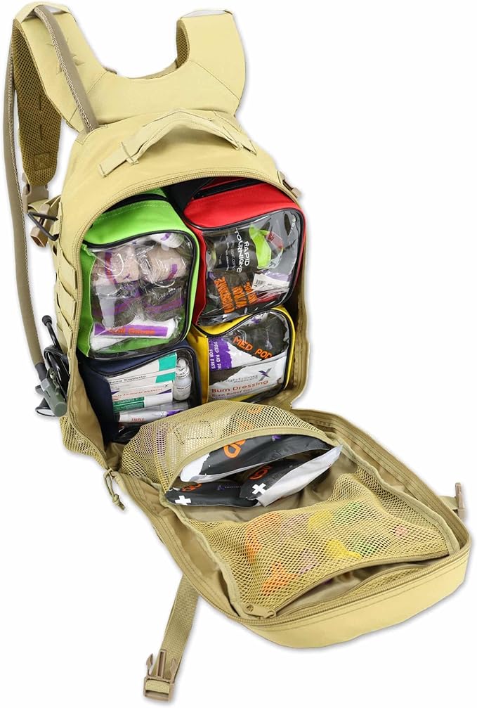 Lightning X Stocked Modular Trauma &amp Bleeding First Aid Responder Medical Backpack + Kit (Tan w/Hydration Bladder)