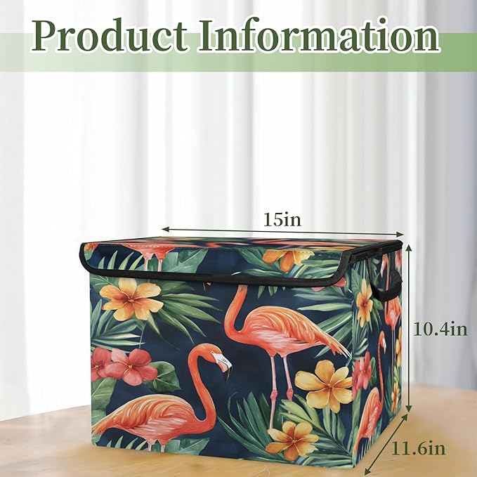 Tropical Flamingo Storage Basket with Lid Green Palm Leaves Foldable Storage Box Fabric Storage Bins with Carrying Handles for Home Bedroom Closet Organization