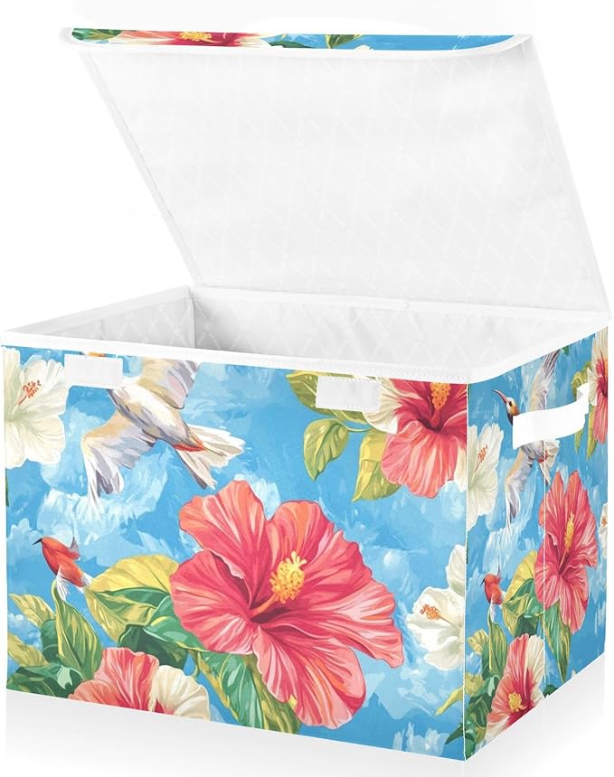 Collapsible Storage Bins with Lids Decorative Fabric Storage Cubes Closet Organizer and Storage Basket Boxes Containers for Clothes Box Chest Nursery Folding Rectangle Hibiscus Birds Oil Pain