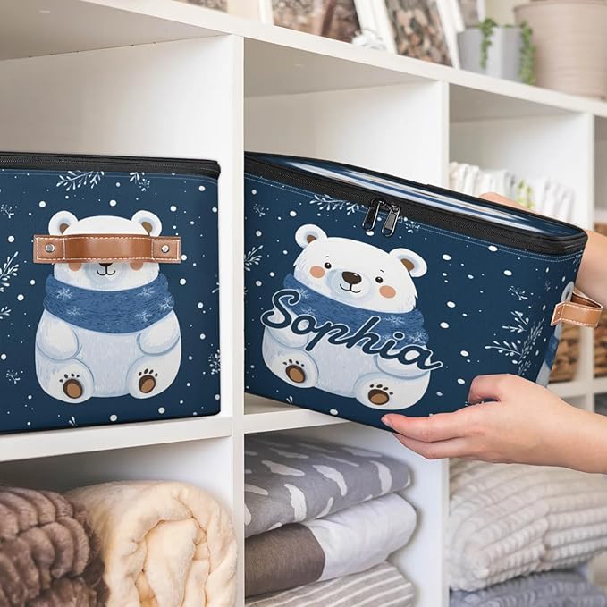 Custom Storage Basket with Name Personalized Storage Bins with Zipper Lid Foldable Fabric Storage Box Large capacity with Handle Snowflake White Bear