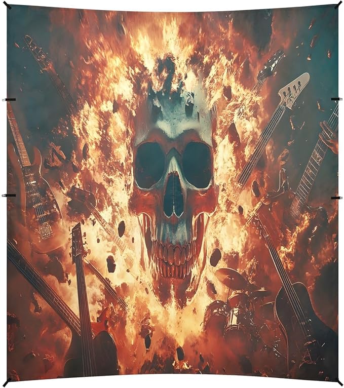 Flaming Guitar Skull Rock Beach Tent Sun Shelter Set UPF50+ UV Protection 10.5 x 9.19 FT Camping Shade Canopy with Sandbags Sand Anchors Carrying Bag and Others