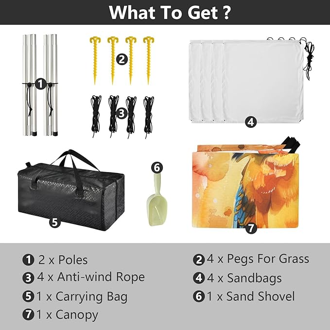 ALAZA Watercolor Parrot Portrait Beach Tent Sun Shelter UPF50+ Protection Beach Shade Canopy w/ 4 Sandbags for Outdoor Camping Fishing Backyard Fun Picnic 10x9 ft