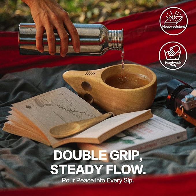 Nordic Kuksa 12oz (355ml) w/spoon Dual-Grip Wooden Camping Mug set - Bushcraft Hardwood Crafted for Travel &amp Home. Total Trail Control!
