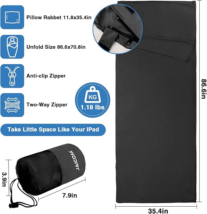 JAICOM Sleeping Bag Liner Travel Sheets &amp Adult Sleep Sack Ultralight and Portable Summer Sleeping Bag - Ideal for Backpacking Hotels and Hostels Business Trips Camping