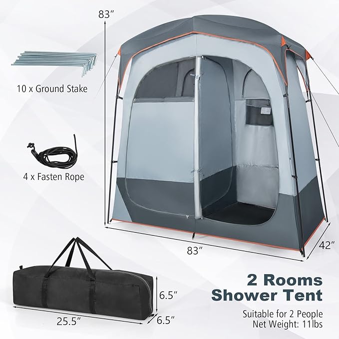 Tangkula Double Room Shower Tent Oversize Space Privacy Tent with Floor Removable Rain Fly Inside Pocket Clothesline Top Hook Portable Outdoor Changing Tent for Dressing Camping Toilet