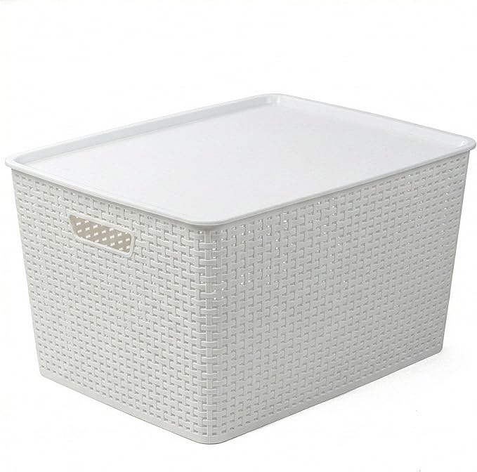 BINO | Plastic Storage Baskets with Lids 45 Liter - 3 Pack White | THE WOVEN COLLECTION | Storage Basket for Shelves | Woven Storage Baskets for Organizing Bins Pantry Shelf Organizer Container Bin