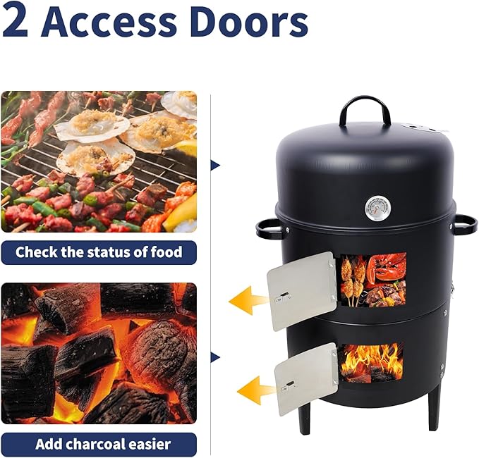 17 inch Vertical Charcoal Smoker BBQ Grill Fire Pit 3-in-1 with Built-in Thermometer Adjustable Air Vent Idea for Parties Backyard Patio Camping