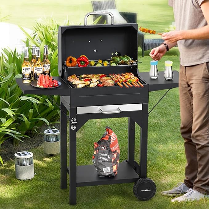 MASTER COOK Charcoal Grills with Two Side Tables 332 SQIN Cooking Area Outdoor Smoker Barbecue bbq grill for Camping PatioBackyard Party Picnic Black