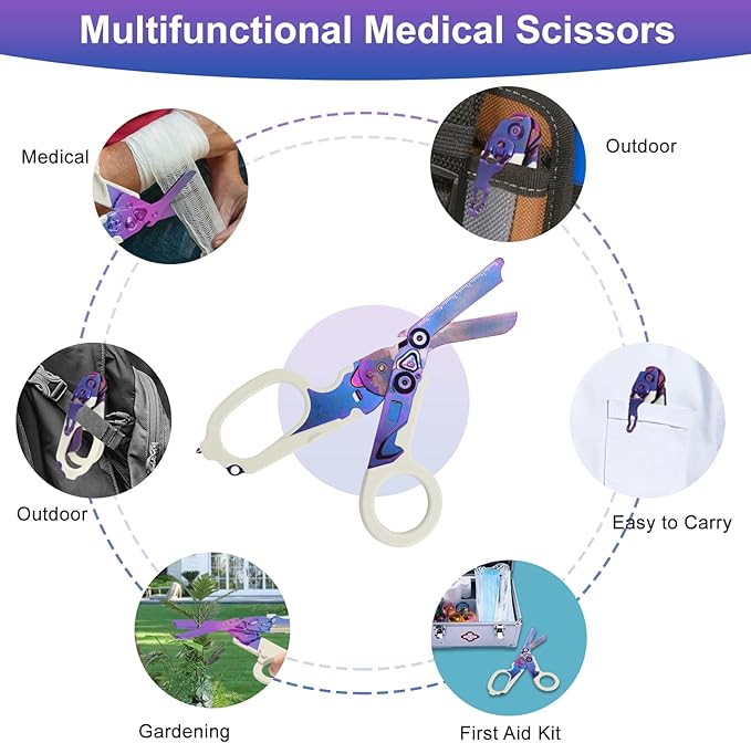 6 in 1 trauma shears folding emergency shear Outdoor Camping Tools Seat Belt Cutter Oxygen Cylinder Wrench Complimentary Adjustable Wrench (Luminous Purple)