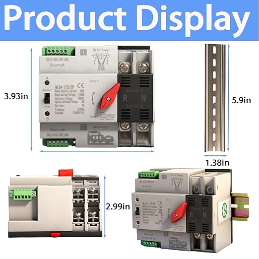 Mini ATS Automatic Transfer Switch Dual Power Changeover Switch 100A 110V Generator Electrical Selector Switches DIN Rail Mount 2P/3P