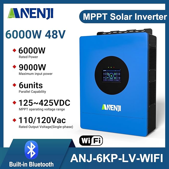 Hybrid Solar Inverter 6KW 48V Split Phase 120V Dual MPPT Charger ParallelMax PV Charging Current 120AMax. PV Input 9KW 500VDC Support 6 Units Parallel for Lead Acid Li Batteryless Run