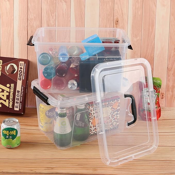 Hespama 12 Quart Plastic Medium Storage Container 4 Packs Lidded Storage Box Bin with Handles