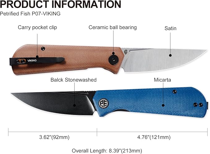 Petrified fish Pocket Knife PFP07 Viking 3.62 K110 Satin Blade 3.95oz Micarta Handle Front Flipper Liner lock Folding knife (Red Satin)