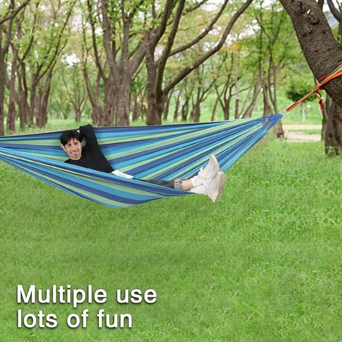 ONCLOUD Extra Long and Wide Double Hammock for Travel Camping Backyard Porch Outdoor or Indoor Use Carrying Pouch Included (Blue/Green Stripes)